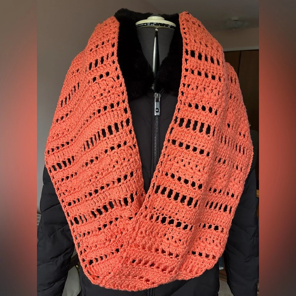 Elegant Coral Crochet Infinity Scarf - Picture 1 of 14